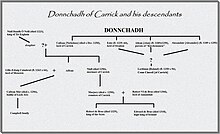 Names of Donnchadh and his descendants written in black as part of a genealogical table; grey background