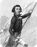Black and white print of a young man carrying a flag in his left hand and a saber in his right hand. He wears a dark military uniform coat with white breeches.