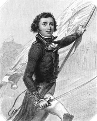 Black and white print of a young man carrying a flag in his left hand and a saber in his right hand. He wears a dark military uniform coat with white breeches.