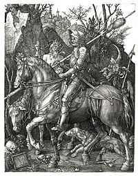 Detaljert skisse, en såkalt studie, og et ferdig kobberstikk av Albrecht Dürers Ritter, Tod und Teufel fra 1513.