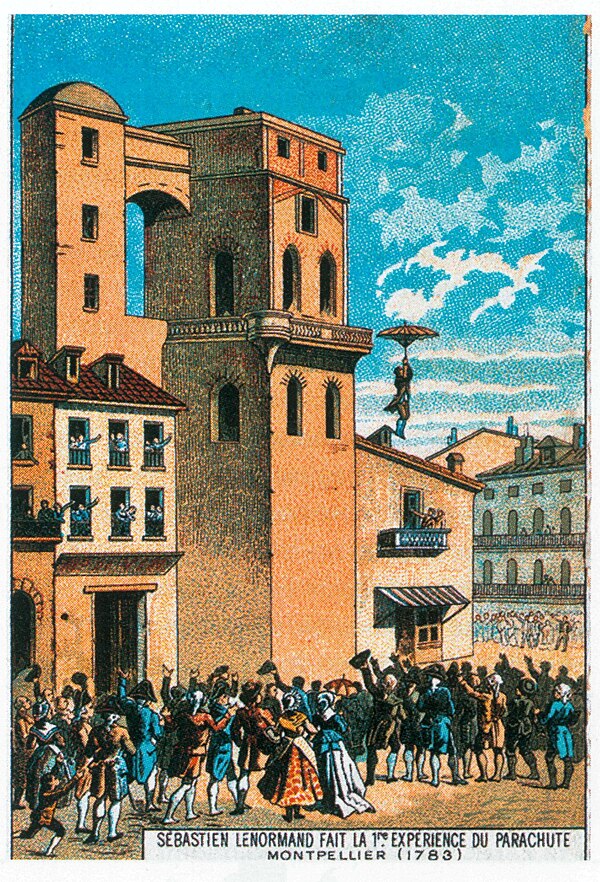 Louis-Sébastien Lenormand jumps from the tower of the Montpellier observatory, 1783. Illustration from the late 19th century.
