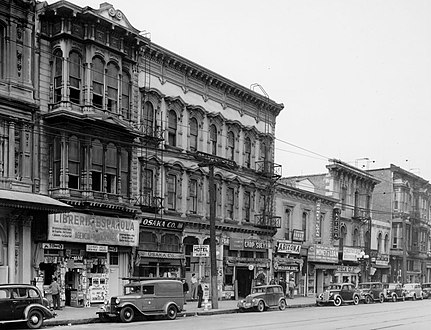 Downey ("Libería Española"), Grand Central ("Osaka Co.", "Chop Suey"), Pico ("Arizona Cafe", "Money to Loan"), Bella Union/St Charles ("Azteca"), 312 and 306-8 buildings, 1930s.