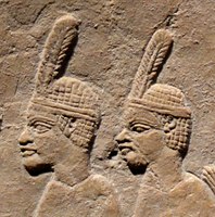 Nubian prisoners.They wear the typical one-feathered headgear of Taharqua's soldiers.[52]