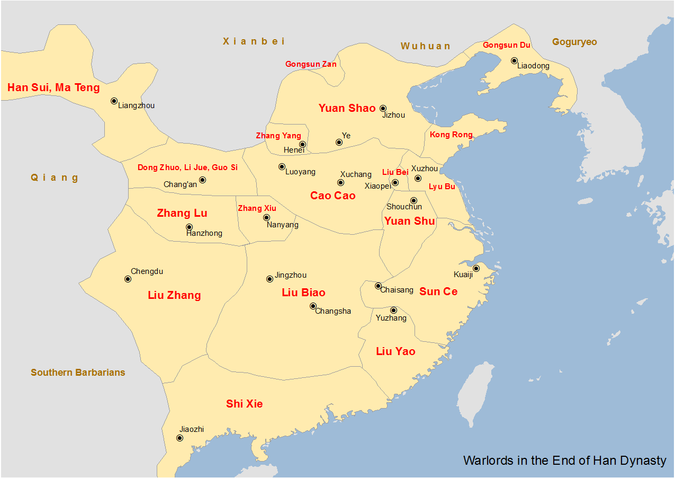 Map showing the major warlords of the late Han dynasty in the 190s End of Han Dynasty Warlords.png