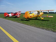 German Steen Skybolt aircraft D-ERCL and D-EHHH at Augsburg airport. D-EHHH was destroyed in a mid-air-collision https://aviation-safety.net/wikibase/214043 Experimental homebuild aircraft Steen Skybolt D-ERCL and D-EHHH.jpg