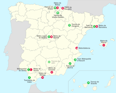 Metro (red) and tram (green) networks in Spain