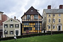 The Fleur-de-lys Studios is a contributing property to Providence's College Hill Historic District Fleur-de-lys Studios from the yard of the First Baptist Church.jpg