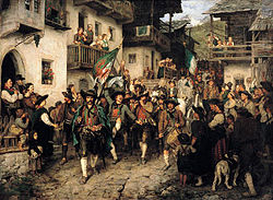 Gemälde, das bewaffnete Soldaten und Bauern zeigt, die durch die Straßen gehen