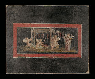 The making of rose garlands by multiple Cupids and Psyches, in a wall painting from Pompeii: the Psyche on the right holds a libation bowl, a symbol of religious piety often depicted as a rosette Fresco Fragment with Four Cupids Hanging Garlands - Google Art Project.jpg