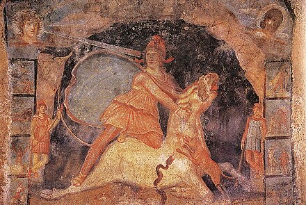 Mithra et le taureau, fresque de Doura Europos, fin IIe/début IIIe siècle.