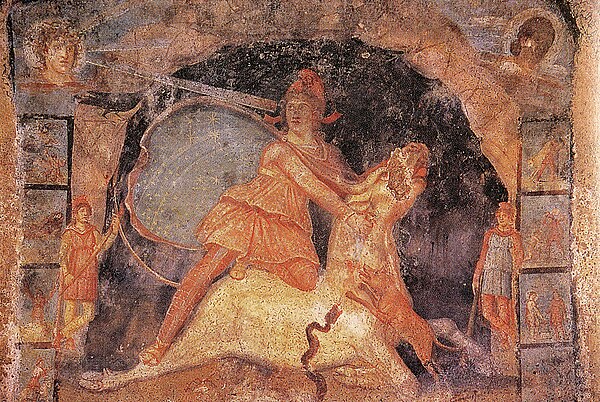 An example of a fresco depicting Mithra slaying the bull, seen at the Mithrauem in Marino, Italy.