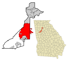 Fulton County Georgia Obszary włączone i nieposiadające osobowości prawnej Atlanta Highlighted.svg