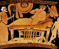 Príamo suplica a Aquiles a devolución do cadáver de Heitor, que xace baixo a cama (escifo do pintor de Brigos, c. 480 a. C.)