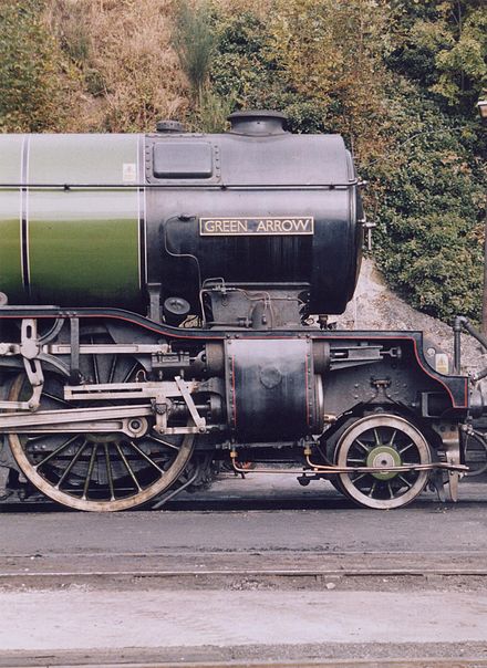 LNER Class V2 4771 Green Arrow. Note Gresley conjugated valve gear located ahead of the piston valves, driven from the valve spindles