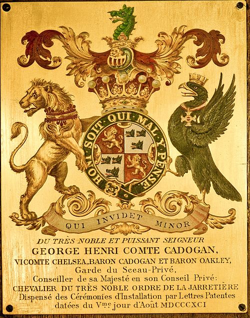 Garter stall plate of George Cadogan, 5th Earl Cadogan, KG, St George's Chapel, Windsor Castle. Arms: Quarterly 1 & 2: Gules, a lion rampant reguardan