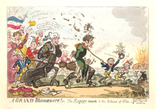 Napoleon is led off in The Rogue's March to the Island of Elba while a fifer and drummer perform the music. Cartoon by George Cruikshank. George Cruikshank, the rogue's march.png