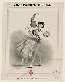 Sketch on the title page of a music sheet called Valse Favorite de Giselle. The sketch is of a pair of dancers, the male partially dipping the female in his left arm.