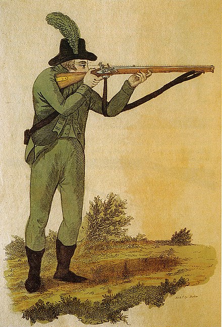 Green jacketed British Army rifleman aiming a Baker rifle, c. 1803