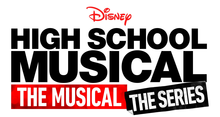 The words "Disney High School Musical The Musical The Series" are shown in red, white and black font, in various styles and sizes against a white background. HSM The Musical The Series logo.png