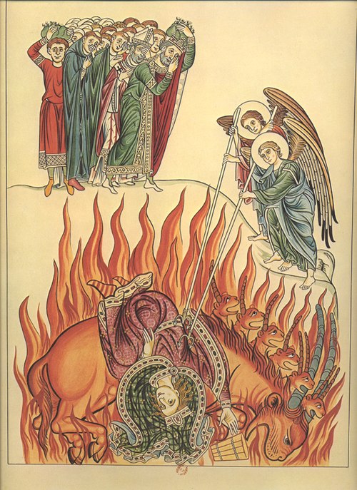 The whore of Babylon as illustrated in Hortus deliciarum by Herrad of Landsberg, 1180