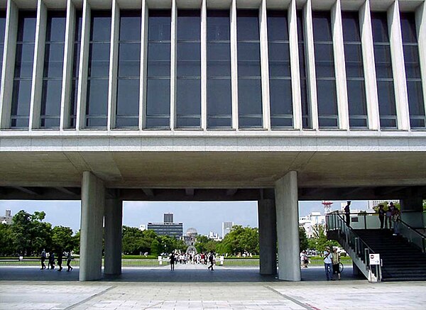 Hiroshima Peace Memorial Museum showing axis with cenotaph and A-bomb dome (1955)