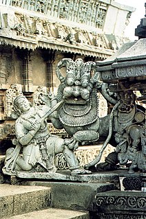 Sala fighting the tiger, the symbol of Hoysala Empire in Belur, Karnataka.
