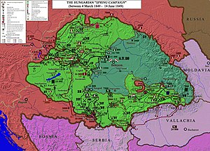 The Hungarian Spring Campaign in 1849, and liberation of much of Hungary until 15 June 1849, before the Russian intervention started Hungarian Spring Campaign in 1849.jpg