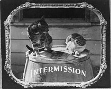 Intermission screen frame during a 1912 film. Used in motion picture theaters as announcement Intermission LCCN2012645960.jpg