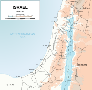 Israel und Jordanien vor 1967: Judäisches Bergland (in Grau und Dunkelrosa) ab nördlich Ramallahs bis zum südlichen Ende der in dunklem Rosa gefärbten Fläche