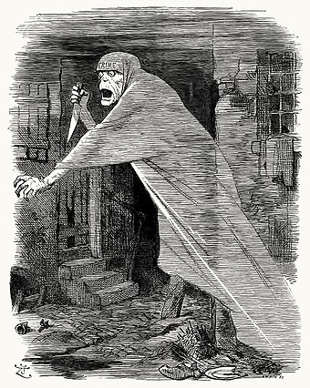 The 'Nemesis of Neglect': Jack the Ripper depicted as a phantom stalking Whitechapel, and as an embodiment of social neglect, in a Punch cartoon of 1888.