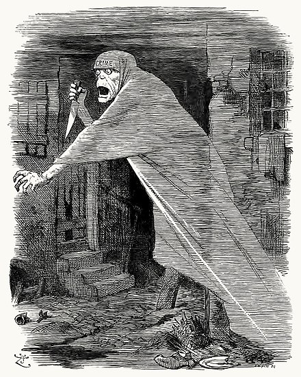 The 'Nemesis of Neglect': Jack the Ripper depicted as a phantom stalking Whitechapel, and as an embodiment of social neglect, in a Punch cartoon of 1888