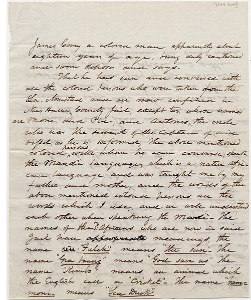 File:James Covey deposition on Amistad captives held in New Haven jail page 1.jpg