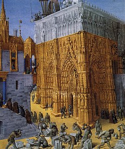 The Building of the Temple by Jean Fouquet (c. 1465). The Temple of Solomon is depicted as a Gothic building under construction. Miniature from an illuminated manuscript of Josephus's Antiquities of the Jews (c. 93/4 AD) made for John, Duke of Berry. Jean Fouquet - The Building of a Cathedral - WGA8036.jpg