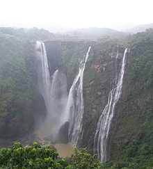 Jog Falls, India's second highest plunge waterfall, is made up of four distinct, segmented falls, and is fed by the Sharavathi River. The tallest plunges 830 ft (253 m) into a deep chasm in a continuous column of water. Jog Falls, India - August 2004.jpg