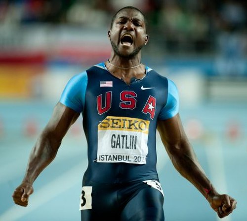 Gatlin celebrating his win at the 2012 World Indoor Championships