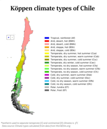 Chile map of Koppen climate classification. Koppen-Geiger climate types in Chile.png