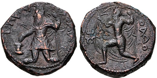 Kushan ruler Kanishka I with deity Oado (Vayu-Vata) on the reverse. Circa 120-150 CE