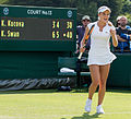 Katie Swan competing in the first round of the 2015 Wimbledon Qualifying Tournament at the Bank of England Sports Grounds in Roehampton, England. The winners of three rounds of competition qualify for the main draw of Wimbledon the following week.