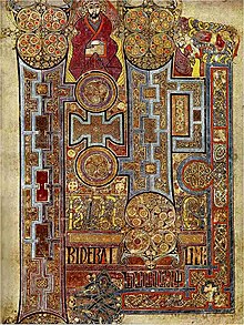 A page from the 9th century Book of Kells, one of the finest examples of Insular art. It is believed to have been made in Gaelic monasteries in Ireland and Scotland. KellsFol292rIncipJohn.jpg