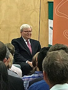 Kevin Rudd at the launch of the first volume of his autobiography in the school hall, 25 October 2017 Kevin Rudd, book launch, Bulimba State School, 25 October 2017.jpg