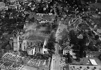 Aftermath of the fire in 1963 Kreuzlingen, Brand der Klosterkirche St. Ulrich (04).jpg