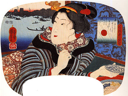 A painting of a Japanese woman using chopsticks, by Utagawa Kuniyoshi
