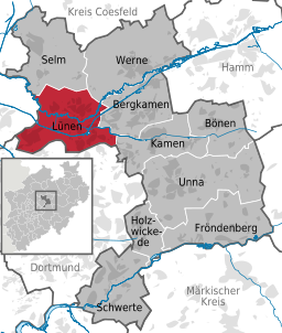 Lünens läge i Nordrhein-Westfalen