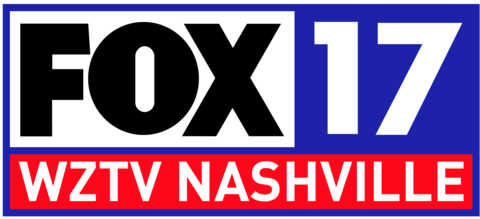 In a blue frame, three boxes. The upper left box is white and contains the Fox network logo in black. The upper right box is blue and contains a silver 17 in a sans serif. Beneath both in a red box is the lettering "W Z T V Nashville" in white in another sans serif.
