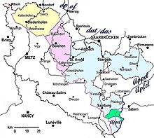 Carte des dialectes du département de la Moselle, avec quelques isoglosses : op/of (de), dat/das (de), appel/apfel (de).