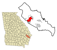 Liberty County Georgia Obszary włączone i nieposiadające osobowości prawnej Hinesville Highlighted.svg