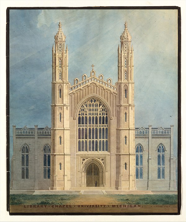 Alexander J. Davis's original University of Michigan designs featured the Gothic Revival style. Davis himself is generally credited with coining the t