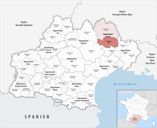 弗洛拉克区在奧克西塔尼大區与洛泽尔省的位置