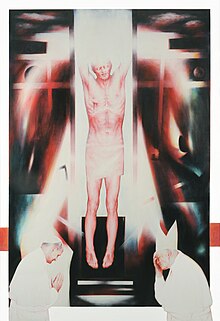 Luigi Mor, "La Preghiera. Omaggio a Paolo VI e Giovanni Paolo II", 2005, olio su tavola, cm 272 x 186, distrutto nell'incendio del 25 aprile 2019