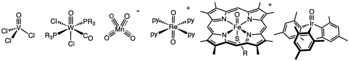 Selection of molecular metal oxides. From left, vanadyl chloride (d ), a tungsten oxo carbonyl (d ), permanganate (d ), [ReO2(pyridine)4] (d ), simplified view of compound I (a state of cytochrome P450, d ), and Ir(O)(mesityl)3 (d ). MOvarietypackPlus.png